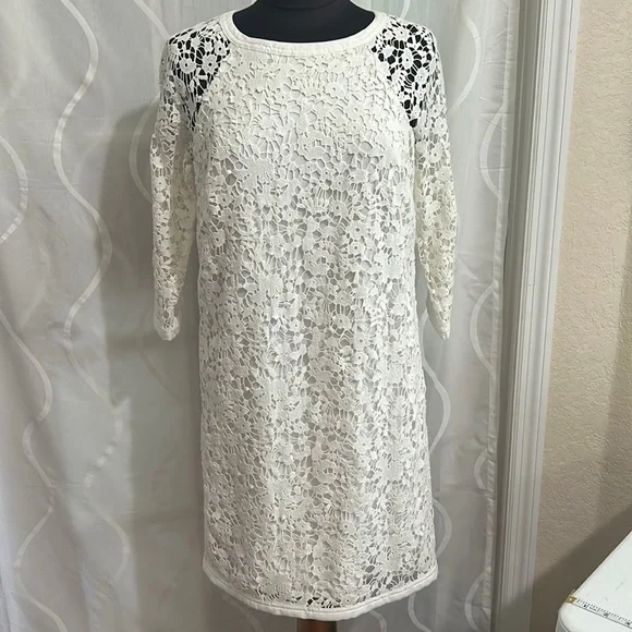 Ann Taylor Ivory Floral Lace, Fully Lined Dress, 3/4 Sleeves, Size 6